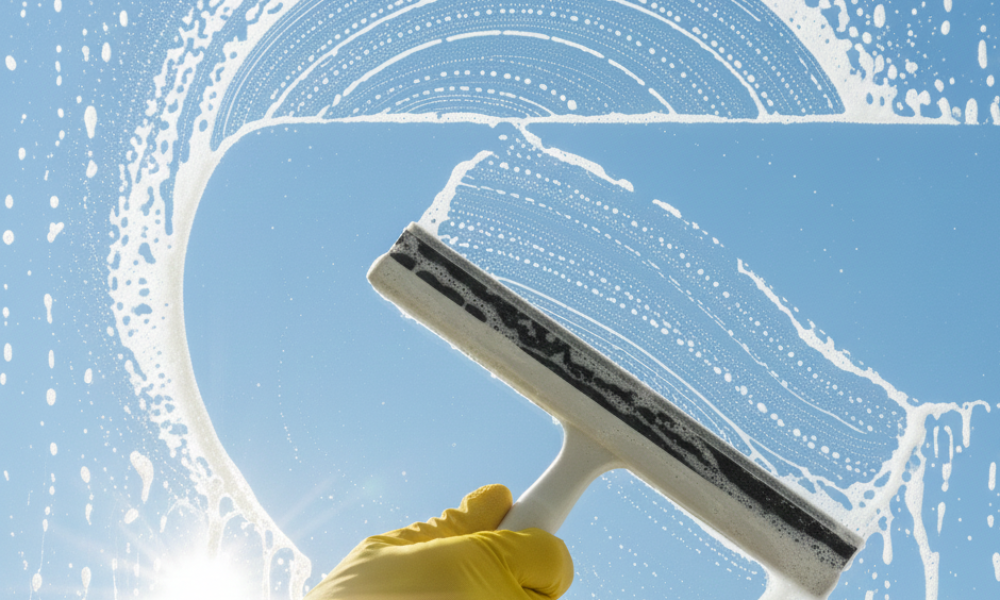 Vinduespudsning i Silkeborg med professionel skraber – klart resultat i solen